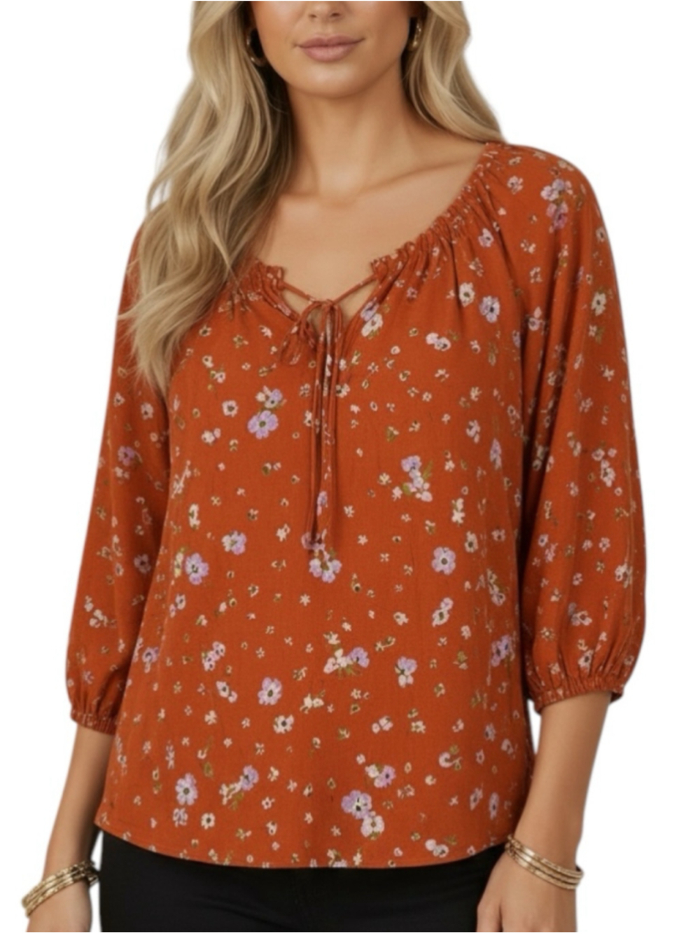 NWT SANCTUARY Rust Orange Floral 3/4 Sleeve Tie Neck Blouse Size X-Large